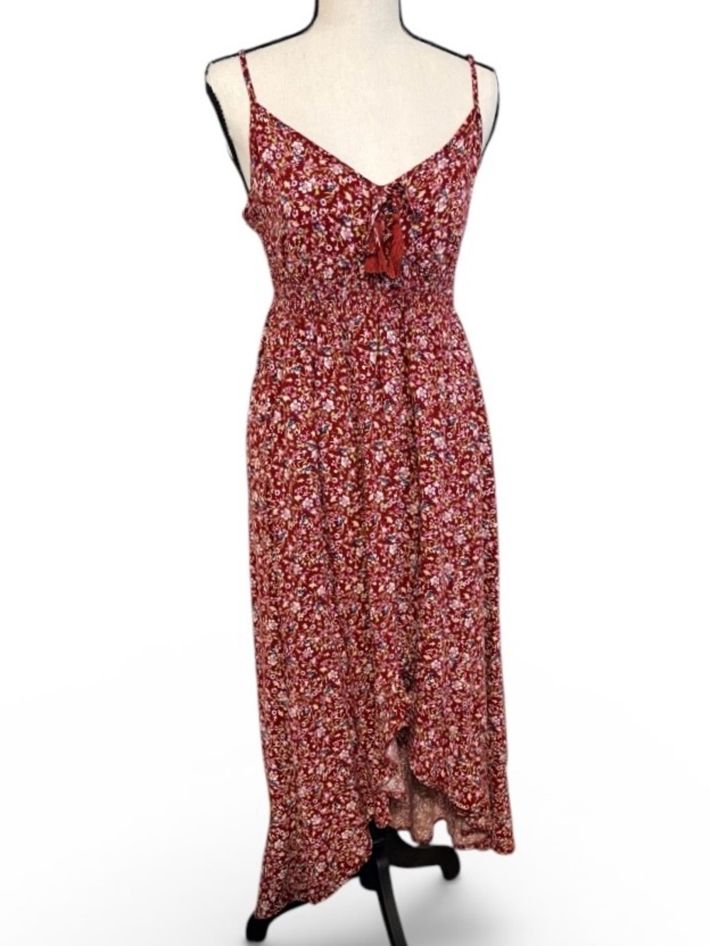 MyStyle Red Floral Midi Dress High Low Hem Tassel Tie Boho L